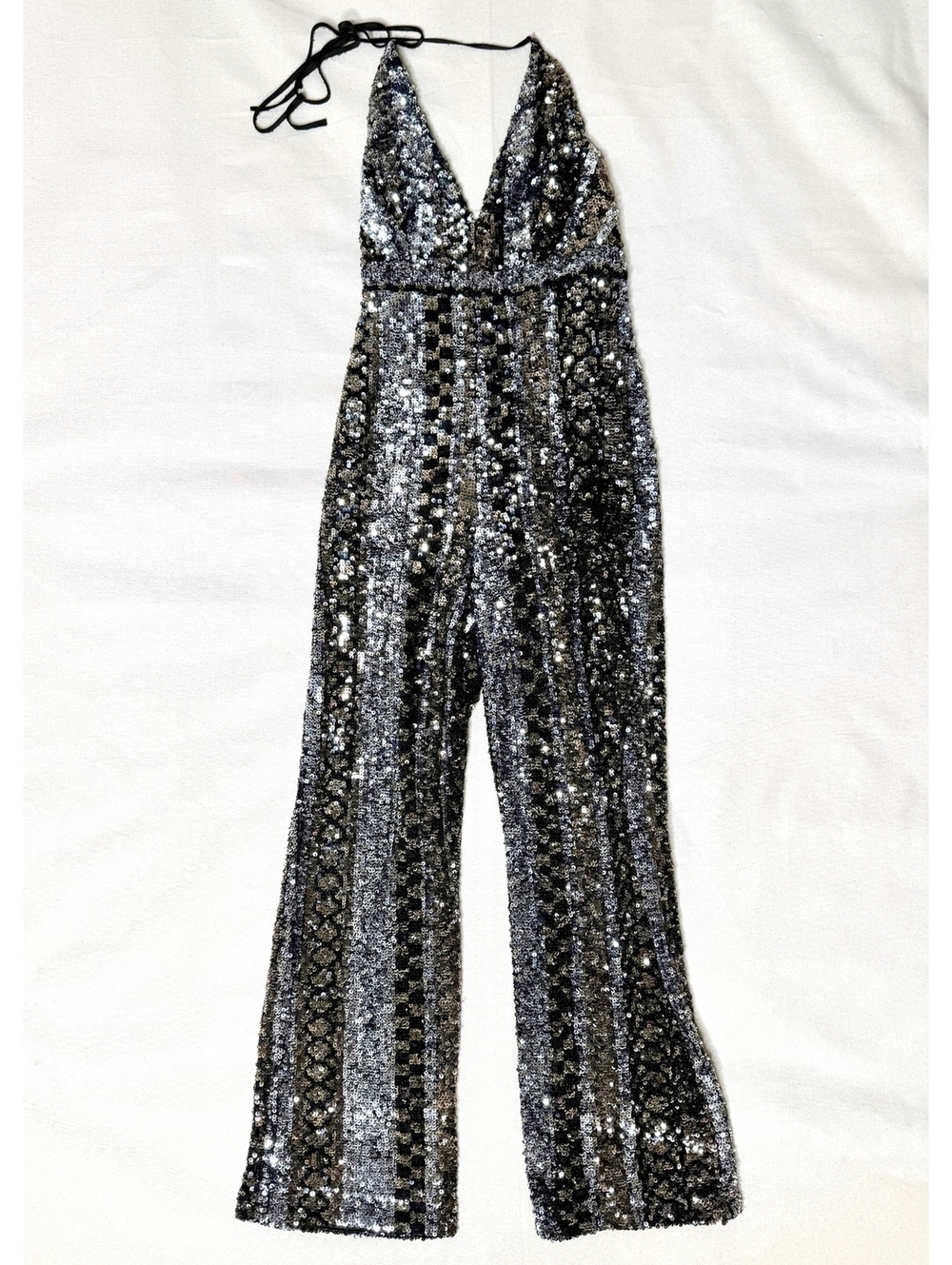 Bardot Black Silver Sequin Halter Jumpsuit Romper Wide Leg Size XS US 4
